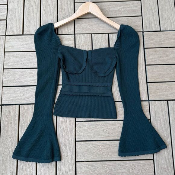 Self-Portrait Knit Scallop Edge Sweetheart Neck Bell Sleeve Top in Green | Small - Picture 9 of 9